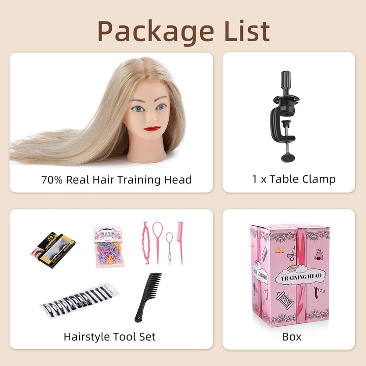 Frisierkopf 70% Echthaar Übungskopf 24 Zoll Frisieren Trainingsköpfe für Friseure Ausbildung Kopf Mi