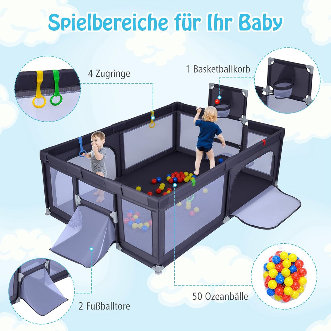 DREAMADE Laufstall baby, Laufgitter mit Matratze & Basketballkorb & Zugring, Schutzgitter mit Rutsch