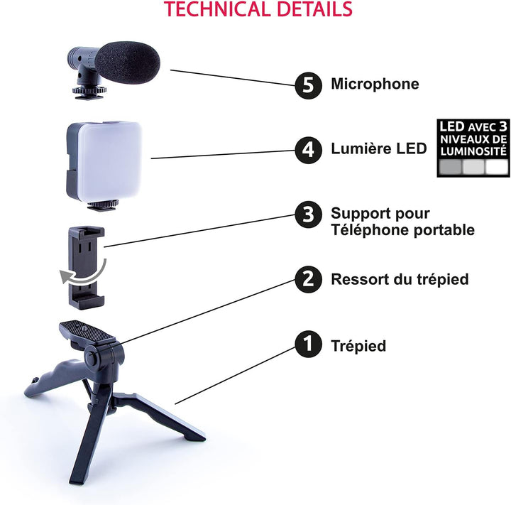 Canal Toys Studio Creator Podcast- und Vlogging-Kit, Telefonhalterung, LED-Licht, Mikrofon + Stativ,