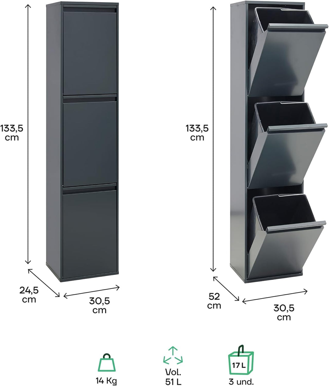 ARREGUI Basic CR304-B Mülltrennsystem aus Stahl | 3 Fächer Mülleimer für die Küche | 3 Fach Abfallei