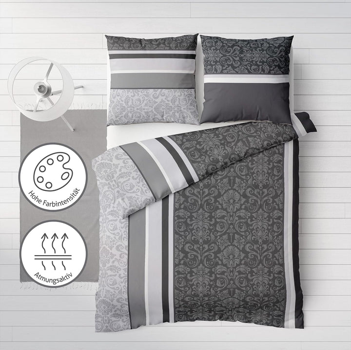 LINKHOFF Flanell Biber Bettwäsche 155x220 Baumwolle 2tlg | Bettwäsche-Set in Grau Anthrazit Paisley