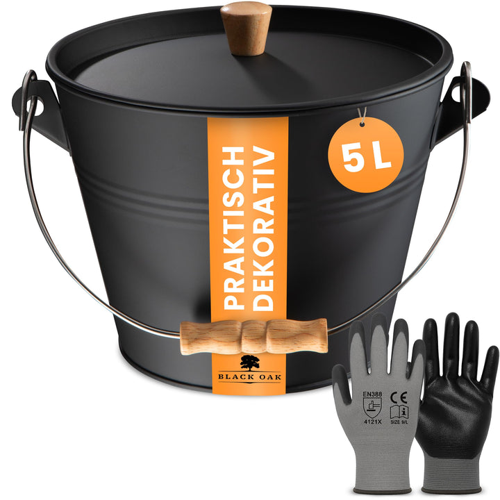 BLACK OAK Ascheeimer PAGO 5L - schwarz mit Deckel & Holz-Griff + Handschuhen - 5L gross Stahl feuerf
