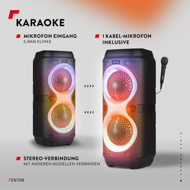 Fenton Track210 Bluetooth Lautsprecher – Party Musikbox 100 Watt mit LED Lichtshow, Akku 8 h, USB/mi