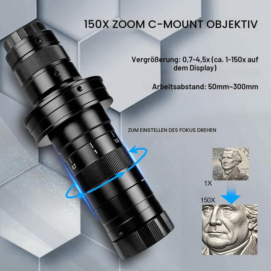 Digital Mikroskop, 48MP 4K 1080P Industrie Mikroskop mit Grosser Basis, Typ-C/HDMI 150X HD Objektiv,