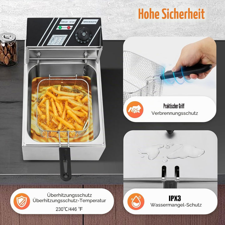 6L Edelstahl Fritteuse, Professionelle Kaltzonenfritteuse, Einzelschlitzfritteuse, einstellbare Temp