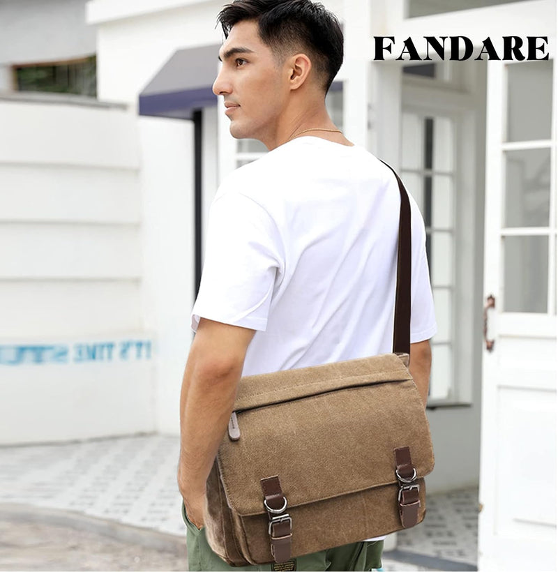 FANDARE Retro Umhängetasche Herren Segeltuch Arbeitstasche Messenger Bag Schultertasche passen 12,9-