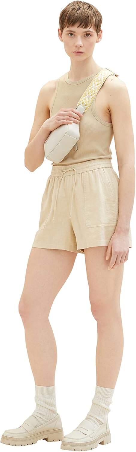 TOM TAILOR Denim Damen Basic Shorts aus Leinen L 31700 - Dusty Sand Beige, L 31700 - Dusty Sand Beig