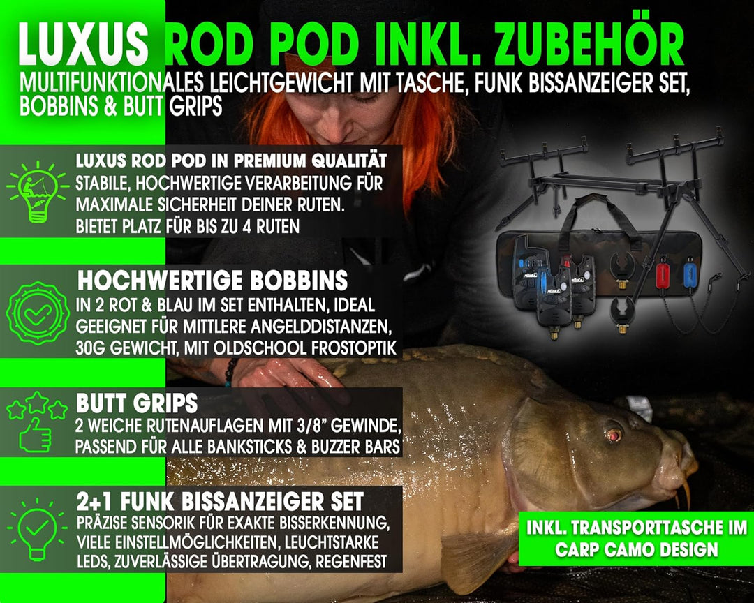 Angel-Berger Magic Baits Luxus Rod Pod mit Funkbissanzeiger Set Tasche Rutenauflagen Bite Indicator