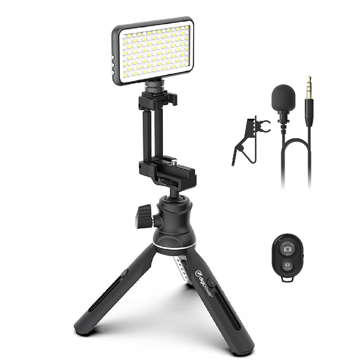 DigiPower Vlogging Kit Instructor mit LED Videoleuchte, Clip-on Lavalier Mikrofon, Handy + Kamera Ha