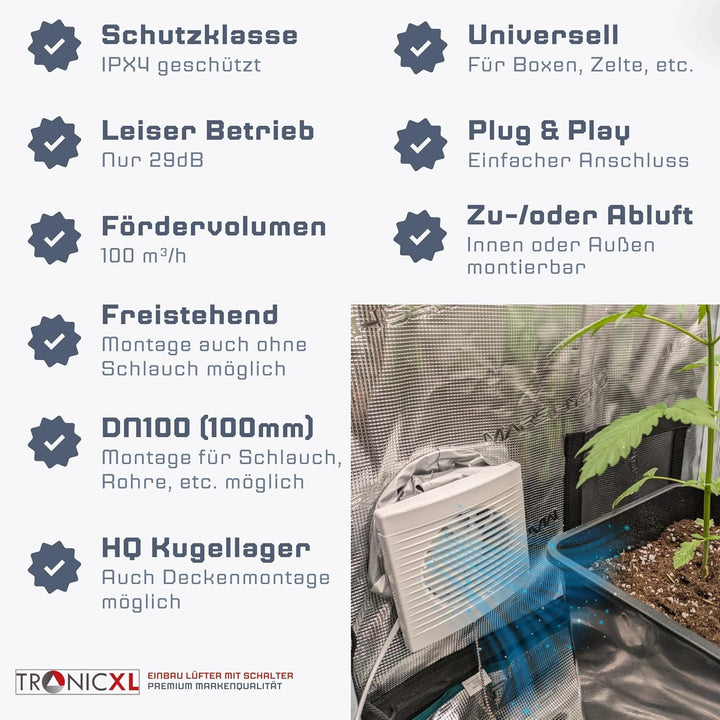 TronicXL IPX4 100mm Abluft/Zuluft Grow Lüfter Ventilator mit Netzstecker und Schalter für Homebox Gr