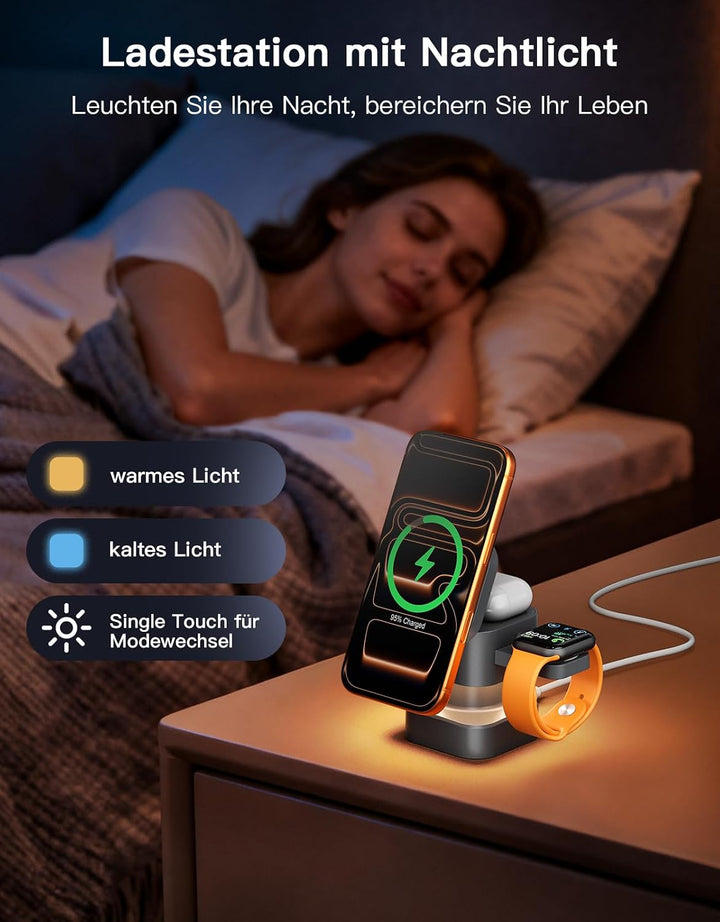3-in-1 Kabellose Ladestation, Drehbar &amp; Einziehbar mit Nachtlicht, Kompatibel mit iPhone 17/16/15/14