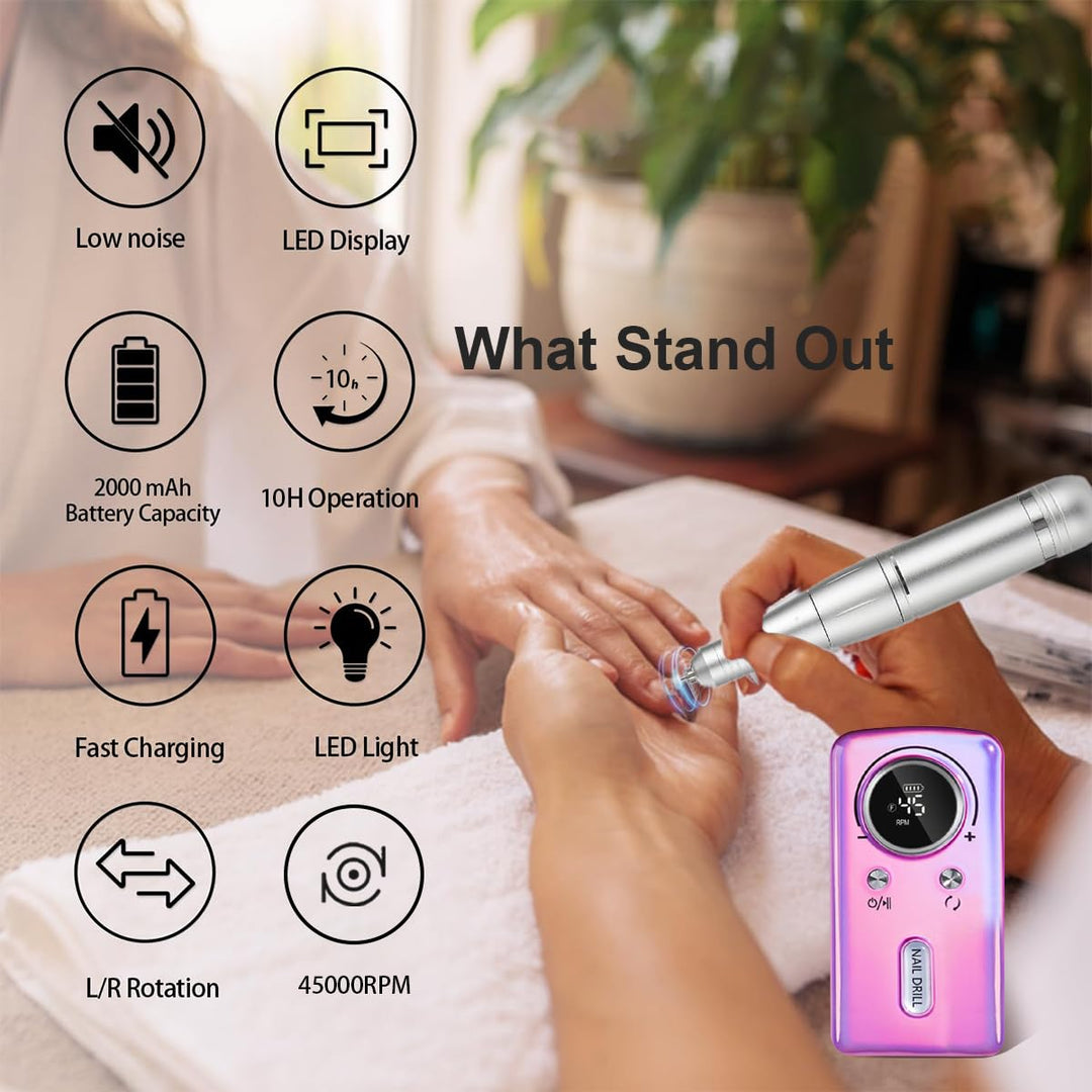 Elektrische Nagelfeile/Nagelfräser 45000 U/min [LCD+12 Köpfe] – Leise aufladbare Nagelmaschine mit 1