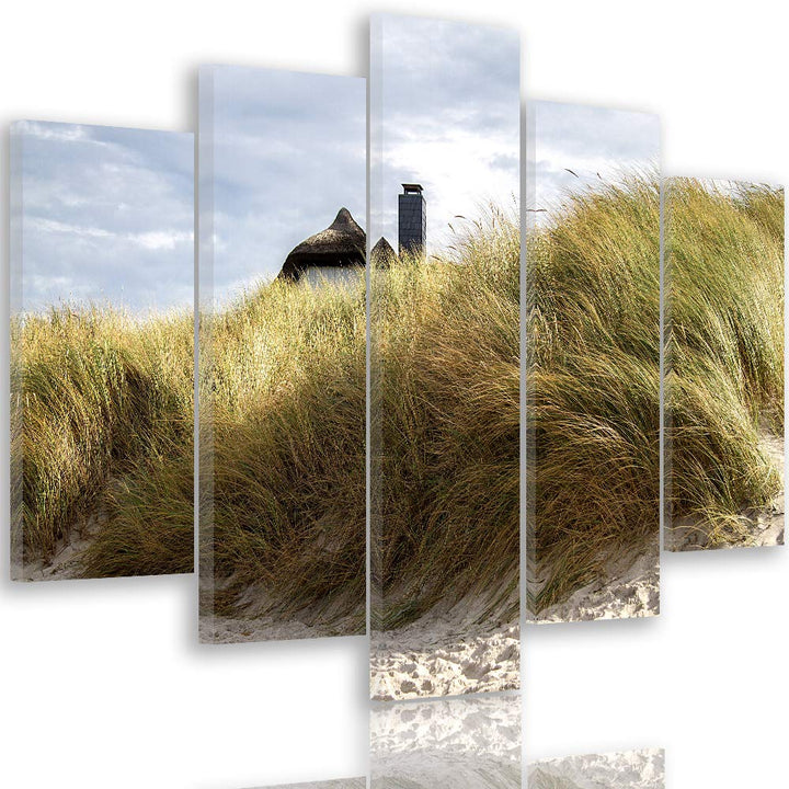 Feeby Leinwandbild 5 Teilig Landschaft Bild Wanddeko Strand Gras Himmel bunt 150x100 cm Leinwandbild