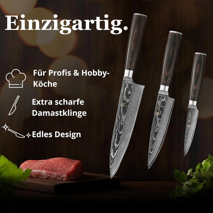 Wakoli EDIB Essentials 3er Küchenmesser Set mit 8-17cm Klingen I 67 Lagen Damaststahl I Chefmesser,