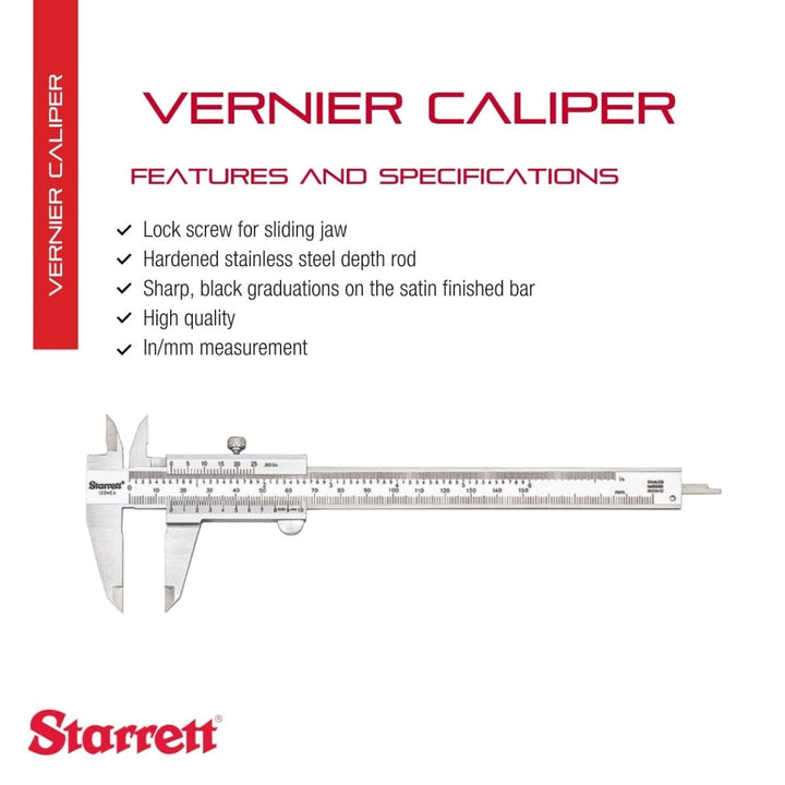 Starrett 125MEA-6/150 Messschieber, Edelstahl, 0-6"/0-150 mm Bereich, 0,001"/0,02 mm Auflösung