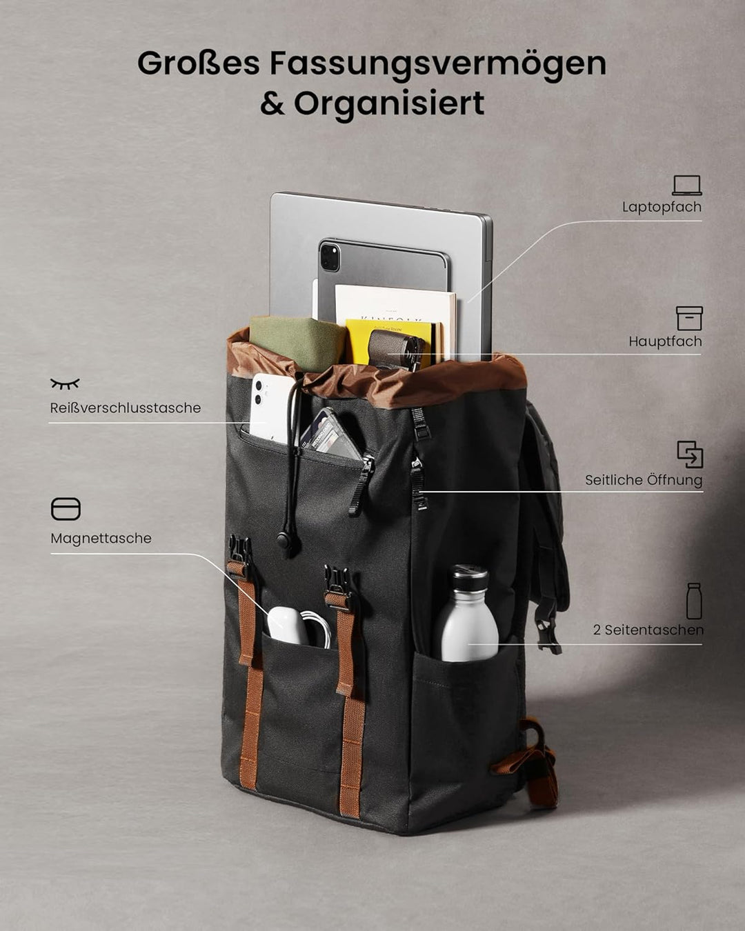 tomtoc Laptop Rucksack für Damen Herren, Vintage Tagesrucksack Daypack Casual Backpack mit 22 Liter