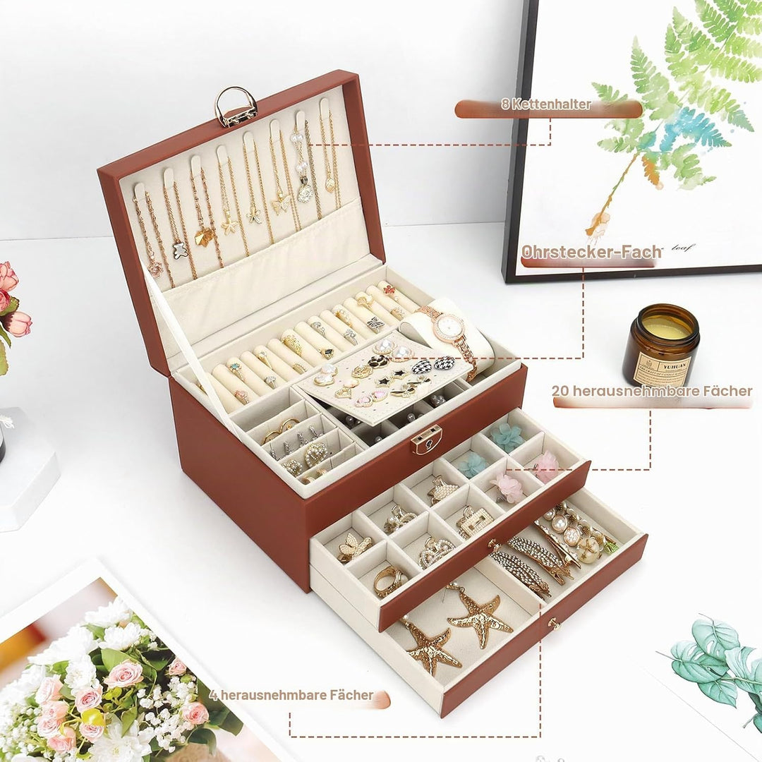 Schmuckkasten, Schmuckkästchen mit 3 Ebenen mit Schubladen, PU-Leder Schmuckbox Schmuckschatulle Gro
