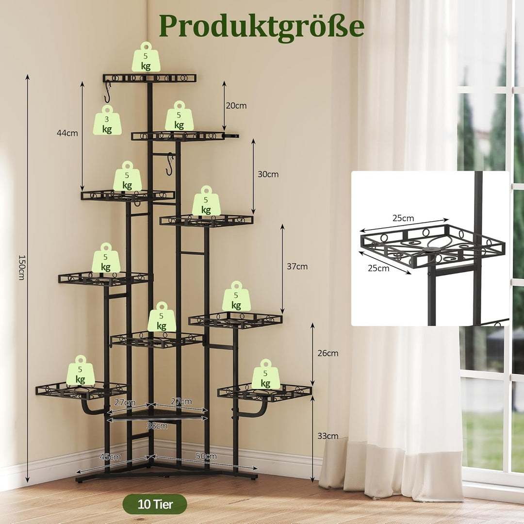 Quikraen 9 Ebenen Blumenständer, Pflanzenständer, 150cm, Metall, Schwarz | L-förmiges Design Pflanze