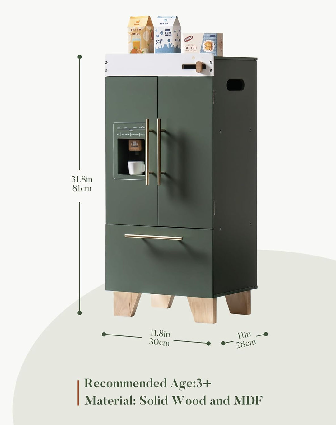 ROBOTIME Holzspielzeug Kühlschrank - Kinder Küchenspielset mit Eiswürfelausgabe & Zubehör, Spiel Küh