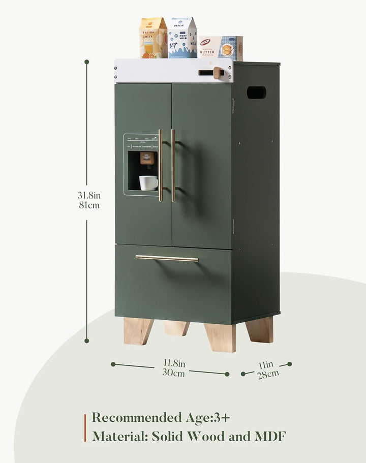 ROBOTIME Holzspielzeug Kühlschrank - Kinder Küchenspielset mit Eiswürfelausgabe & Zubehör, Spiel Küh