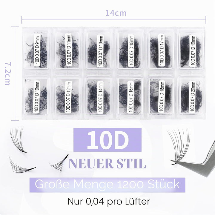 10D Gefächerte Volumen Wimpern 1200 Pcs Fertig Fächer Wimpernverlängerung C Curl 0.07mm 9-20mm Mixed