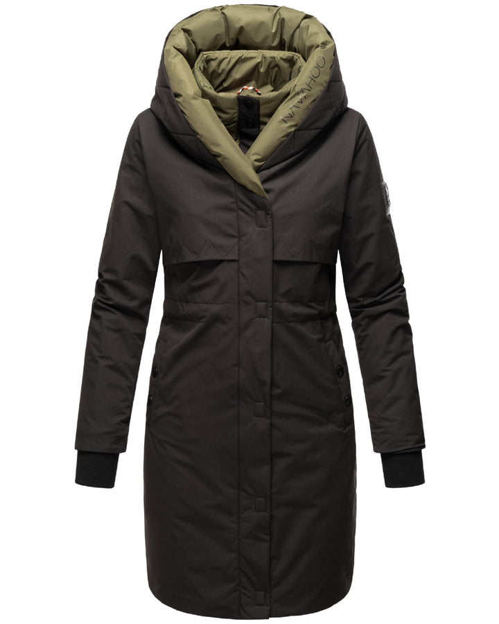 Navahoo Damen Mantel Lange warme Winter Steppjacke mit Kapuze und magnetischen Elementen Snowelf XS-