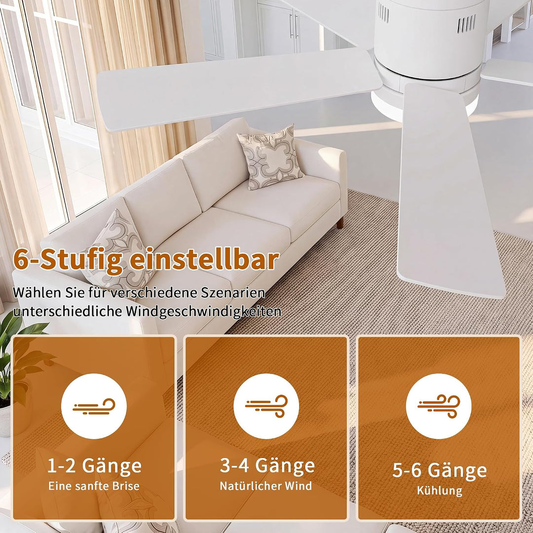 Deckenventilator mit Beleuchtung 106.6 cm, 5 Massivholzflügel (Weiss) | Ultraflaches Design 28 cm, 6