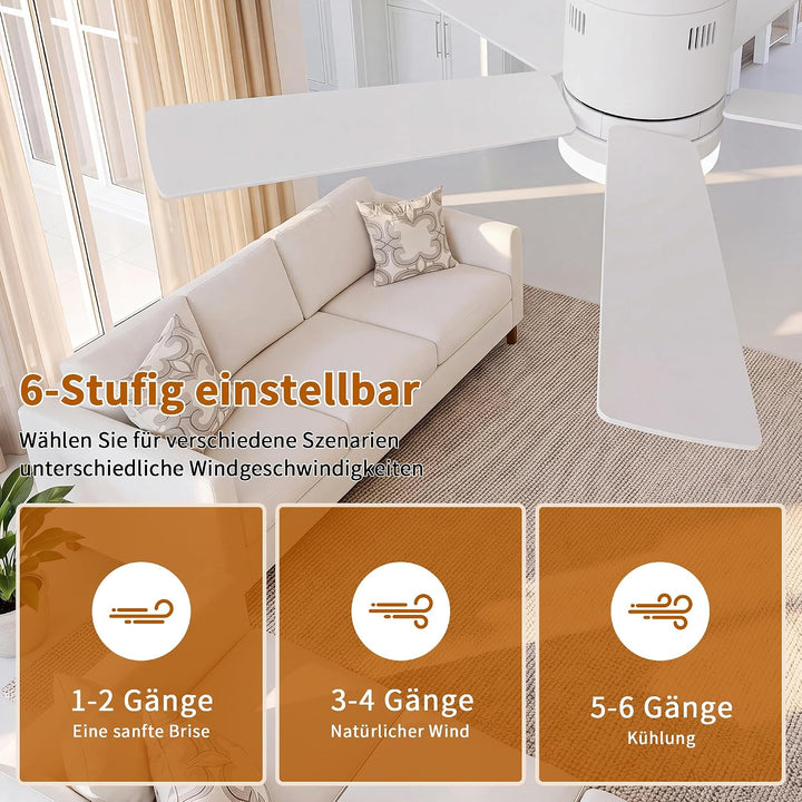 Deckenventilator mit Beleuchtung 106.6 cm, 5 Massivholzflügel (Weiss) | Ultraflaches Design 28 cm, 6