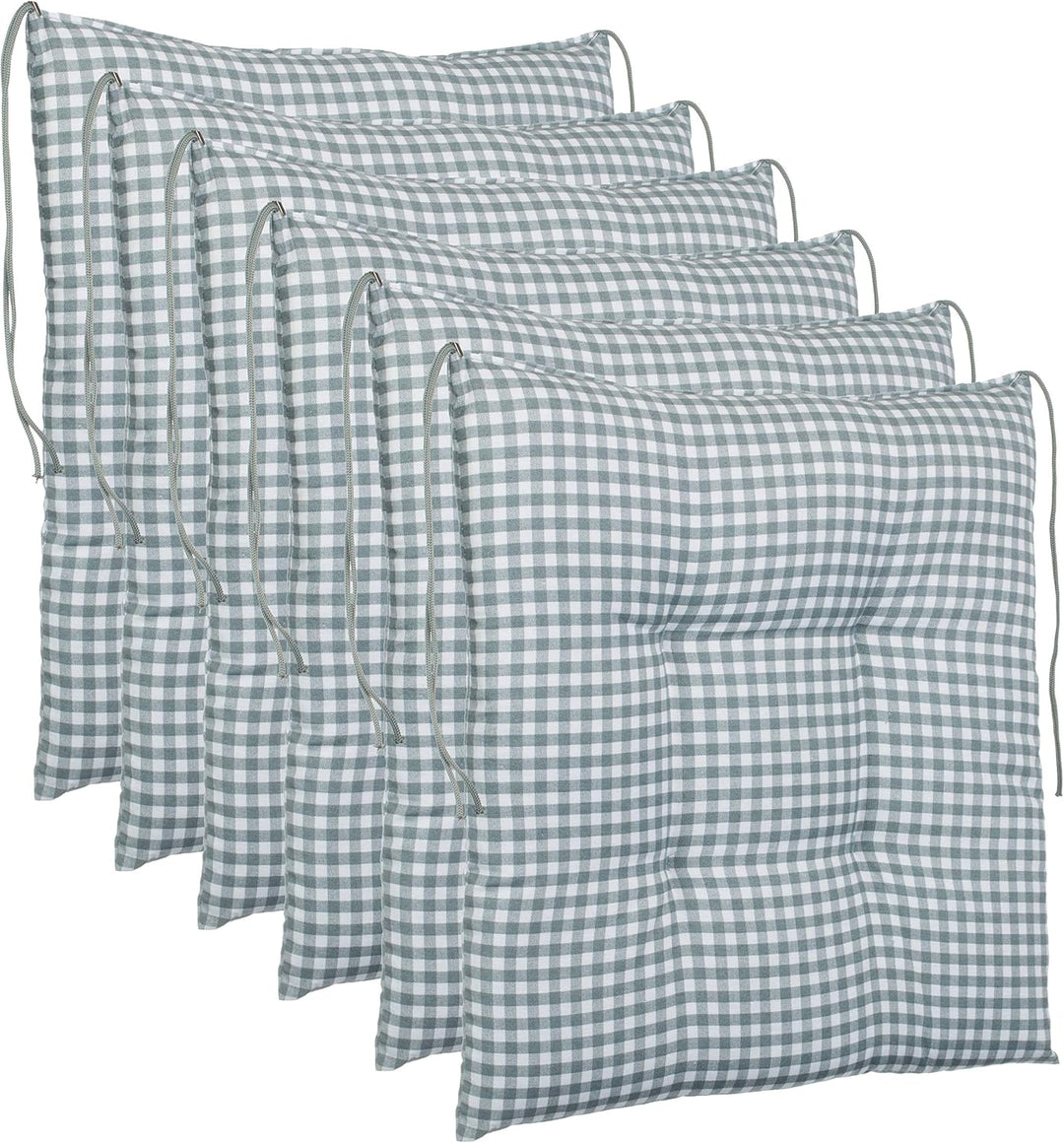 Brandsseller 6er-Set Sitzkissen 40x40x5 cm kariert Stuhlkissen mit 4-Punkt-Steppung &amp; Kordelbändern