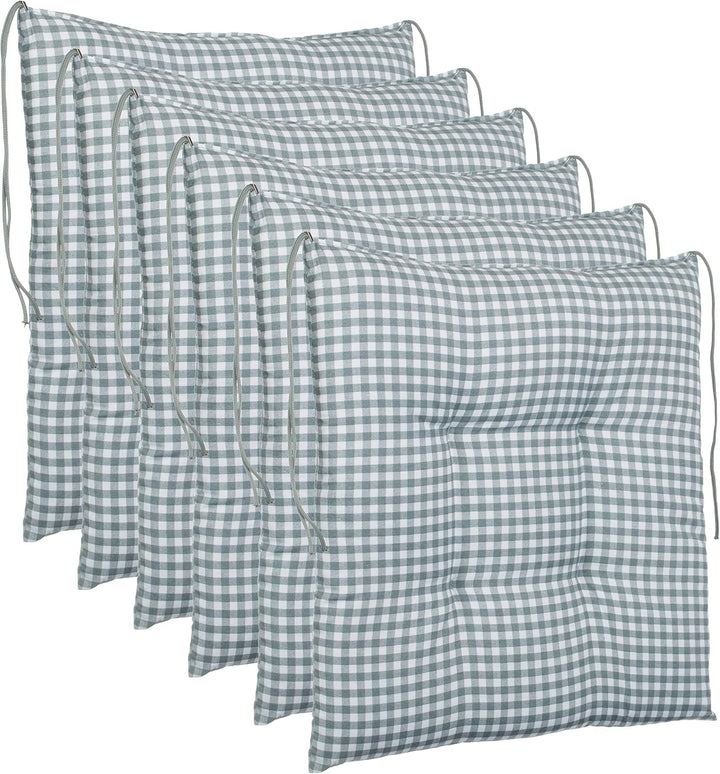 Brandsseller 6er-Set Sitzkissen 40x40x5 cm kariert Stuhlkissen mit 4-Punkt-Steppung &amp; Kordelbändern