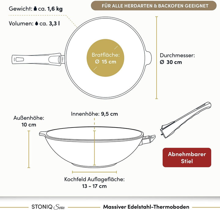 Hoffmann STONIQ Wokpfanne Ø 30 cm – PFAS-frei, Aluguss Wok mit abnehmbarem Stiel, IQ-SHIELD Antihaft