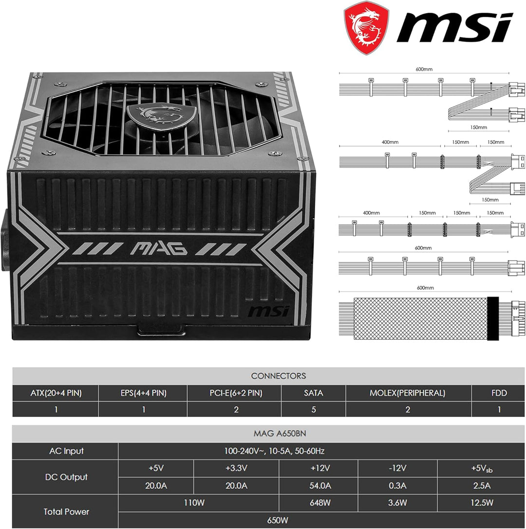 MSI MAG A650BN UK-Netzteil, 650 W, 80 Plus Bronze-Zertifiziert, 12 V Single-Rail, DC-to, MAG BRONZE