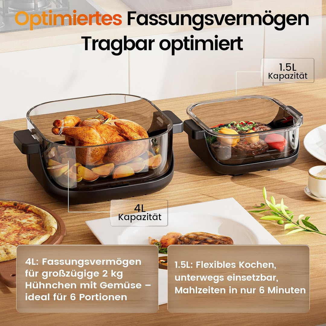 GTPLAYER Airfryer, Multifunktionale Heissluftfritteuse 4 Liter mit mit Easy-View-Fenster, Glasbehält