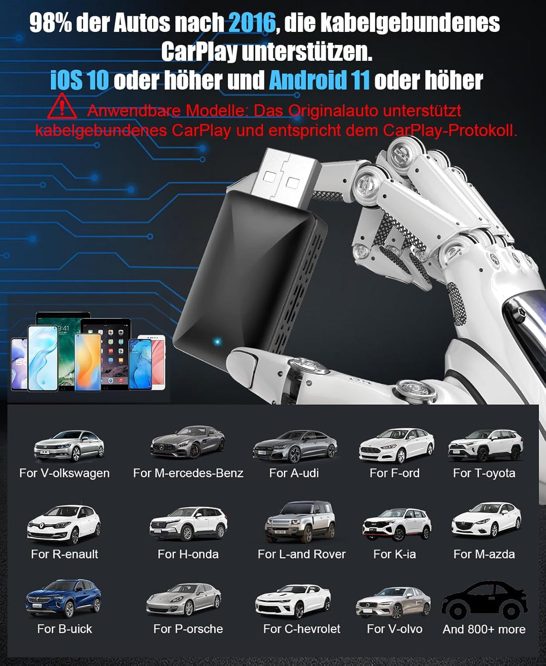 Robofun Carplay Wireless Adapter, Car Connect Pro Car Play kabellos, Plug and Play, Bluetooth 5.0, S