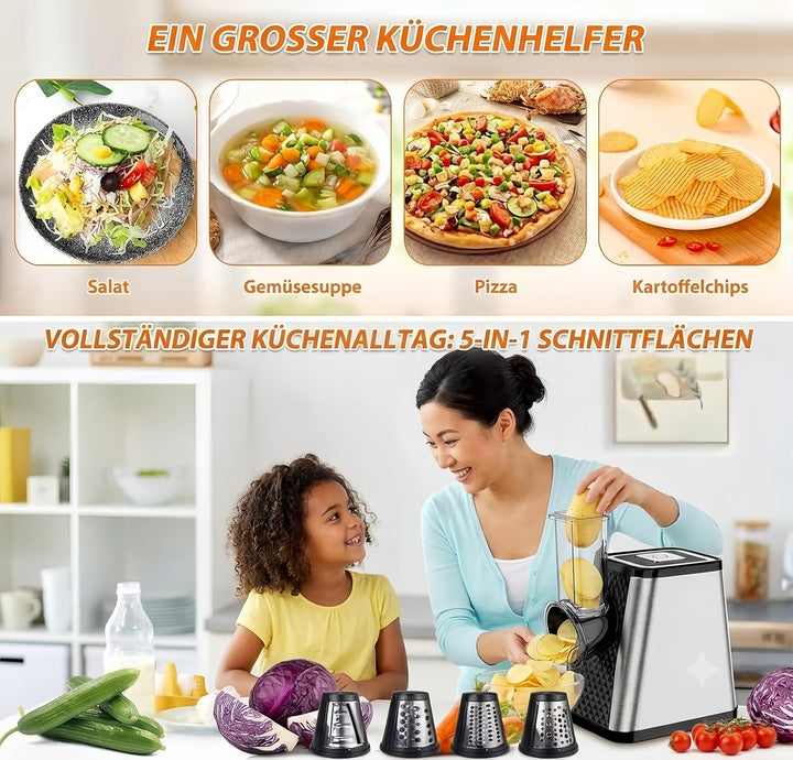 Elektrischer Gemüsehobel 500W, 5-in-1 Multifunktionaler Gemüseschneider mit 5 austauschbaren Klingen