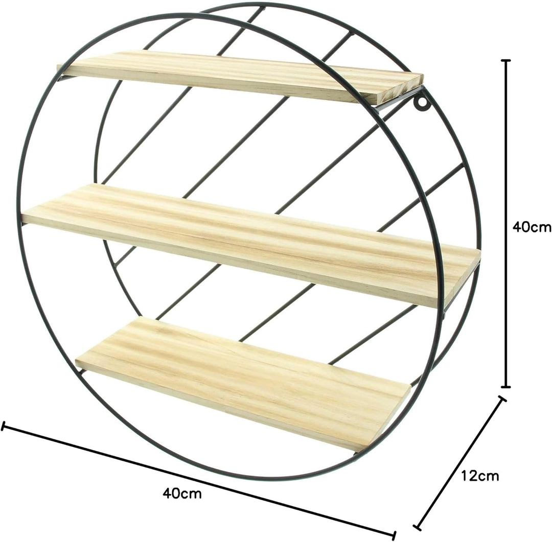 Dekoleidenschaft Wandregal Circle aus Metall schwarz, 3 Holzböden, Hängeregal rund, Dekoregal, Wandd