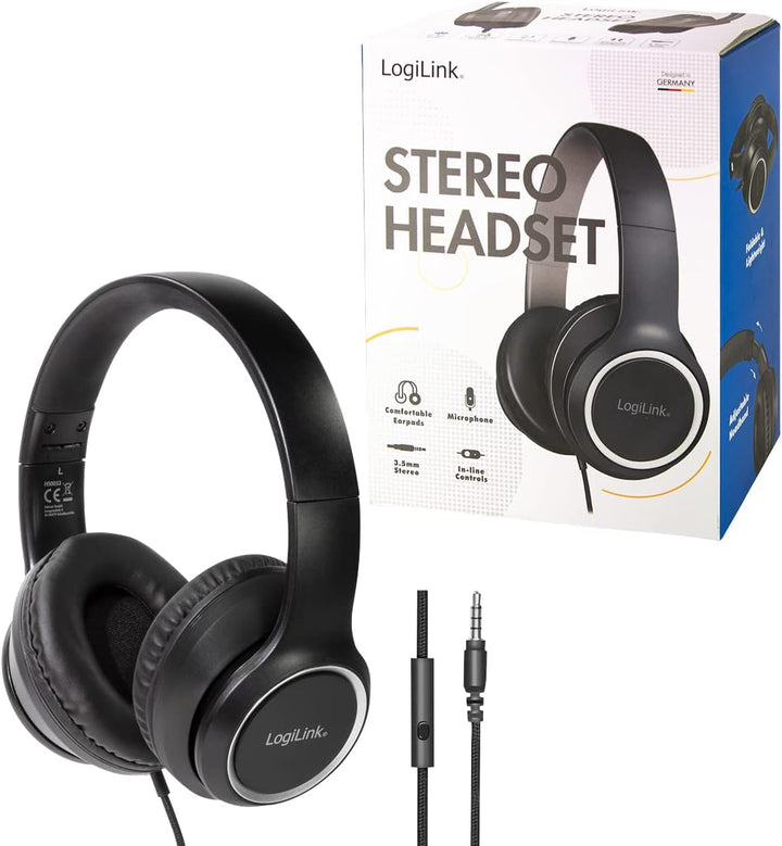 LogiLink HS0053 Stereo Headset mit Mikrofon, mit integrierten Bedienelementen, weichen Over-Ear-Ohrp