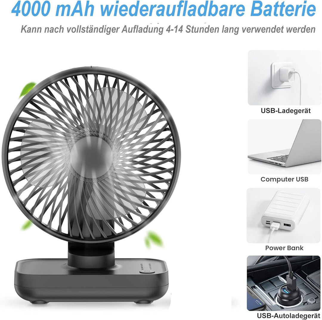 Joneytech USB Mini Ventilator, akku-betriebener Tischventilator mit 4000mAh und 4 Geschwindigkeiten,
