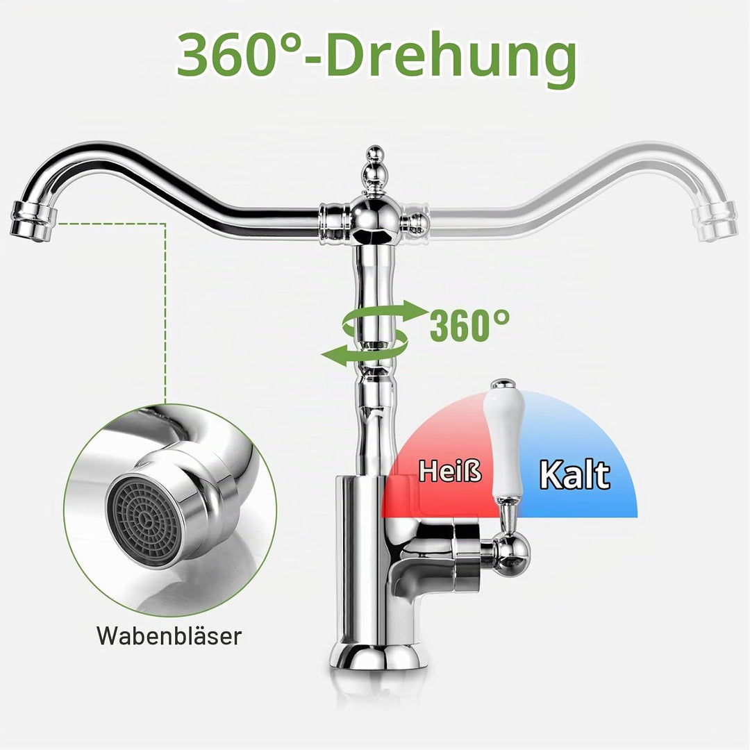 Wasserhahn Küche Retro, Küchenarmatur 360° Drehbar, Mischbatterie mit Einhebelmischer für Bad/Küche,