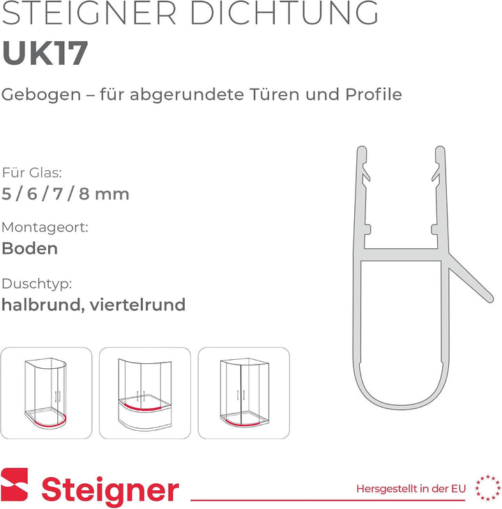 STEIGNER Duschdichtung, 120cm, Glasstärke 5/6/ 7/8 mm, Vorgebogene PVC Ersatzdichtung für Runddusche