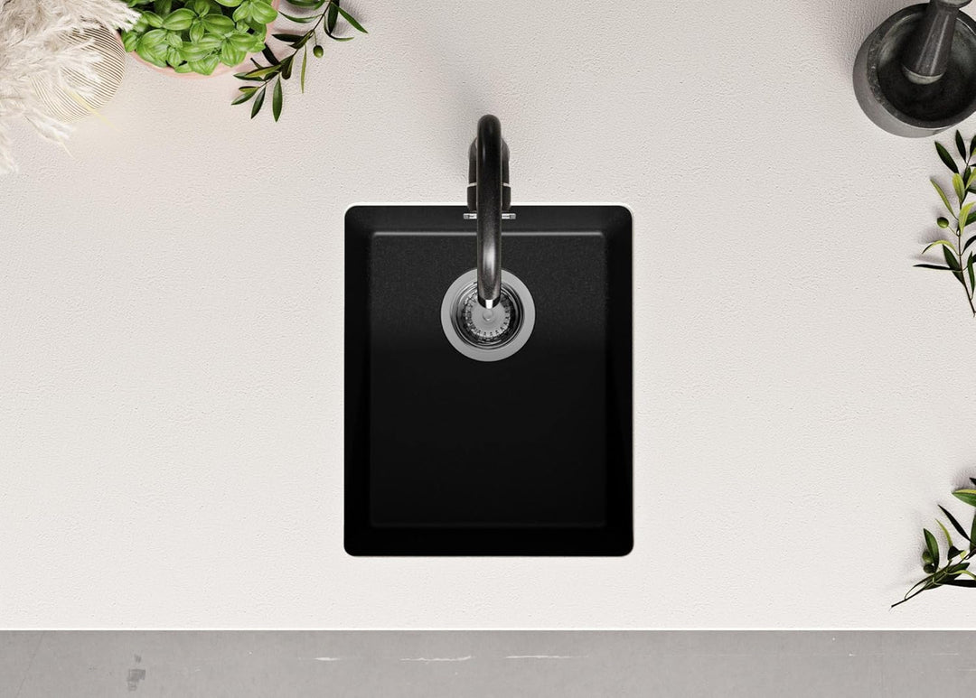 Unterbauspüle Graphit 36 x 47 cm, Granitspüle + Siphon Klassisch + Küchenarmatur, Spülbecken ab 40er