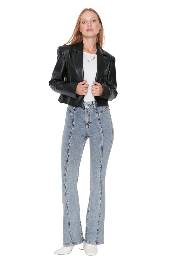 TRENDYOL Damen Herren Basic Hoher Bund Flared Jeans 34 Blau, 34 Blau