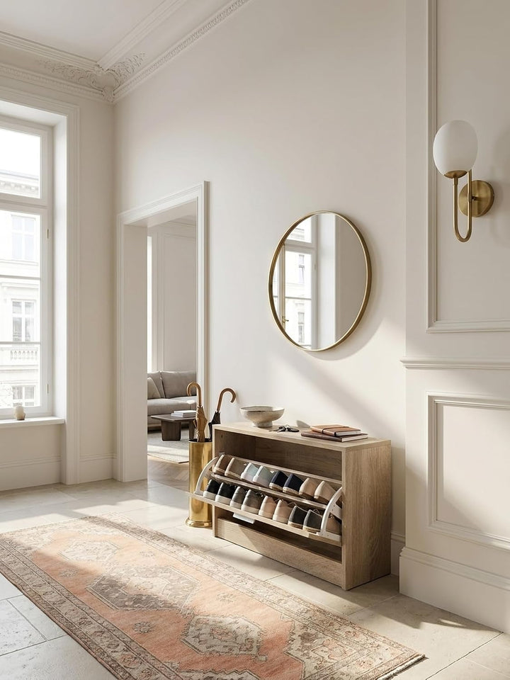 Holz Schuhkipper Bank: Kippfächer, Verstellbarer Einlegeboden, Melaminharzbeschichtung Farbe: Beige,