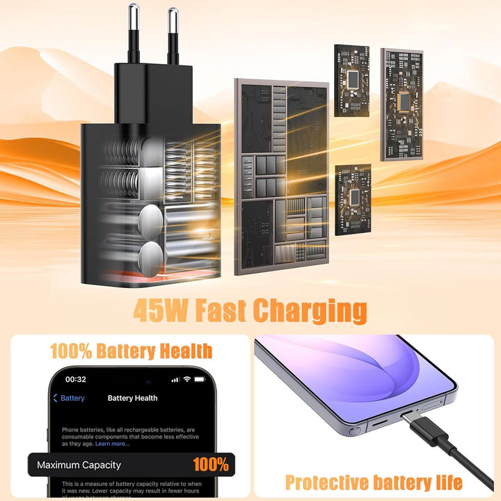 45 W Schnellladegerät USB C für Samsung Galaxy S26 Ultra/S25/S24/S23/S22/S21, 2 x 2 x 2 m, 2 Anschlü