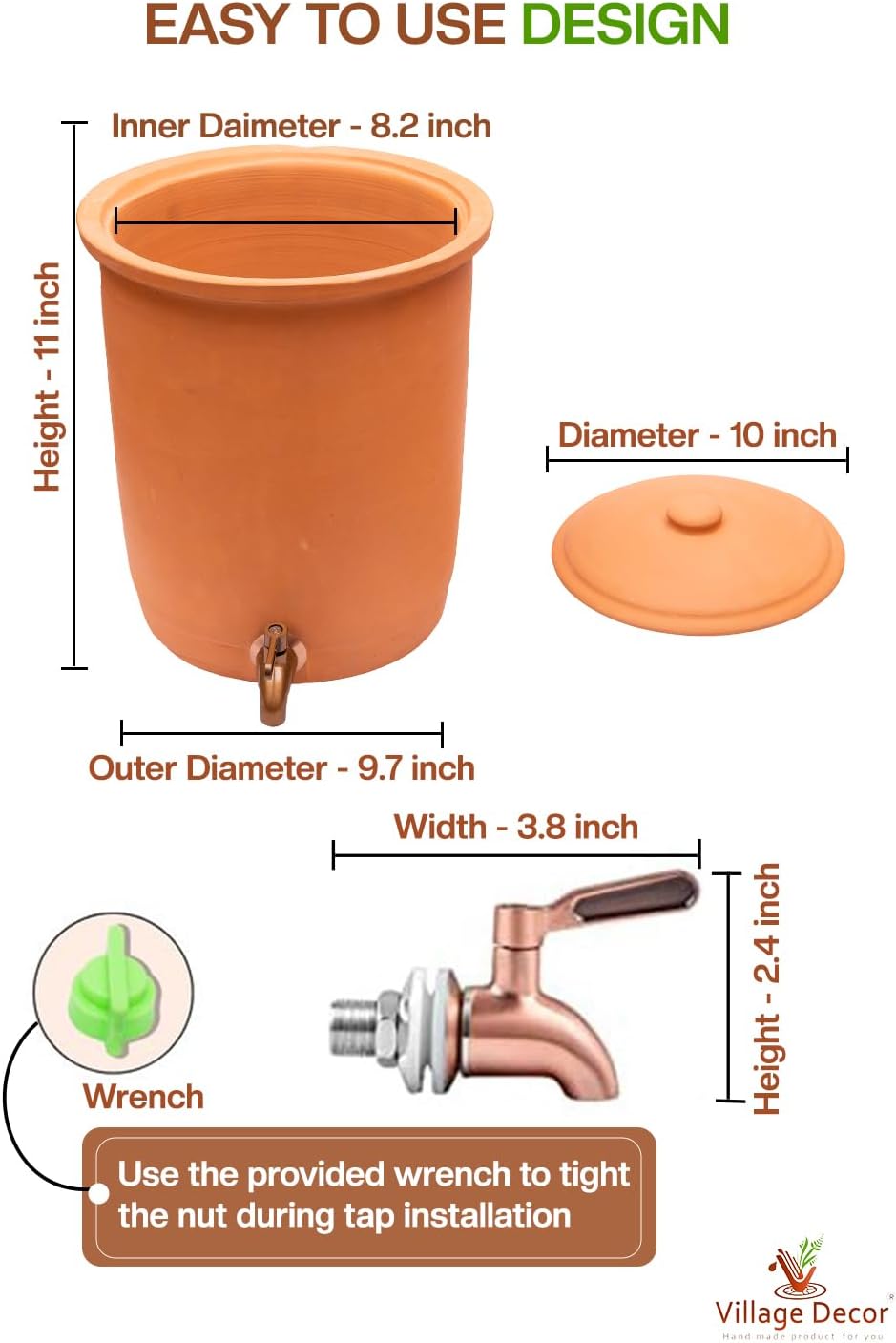 Village Decor Handmade Earthen Clay Water Pot with Stainless Steel Spigot and Lid/Beverage Dispenser