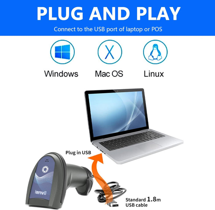 LENVII Handheld 2D QR Barcode Scanner,Kabelgebundener 1D-CCD-Barcode-Leser, unterstützt das Scannen