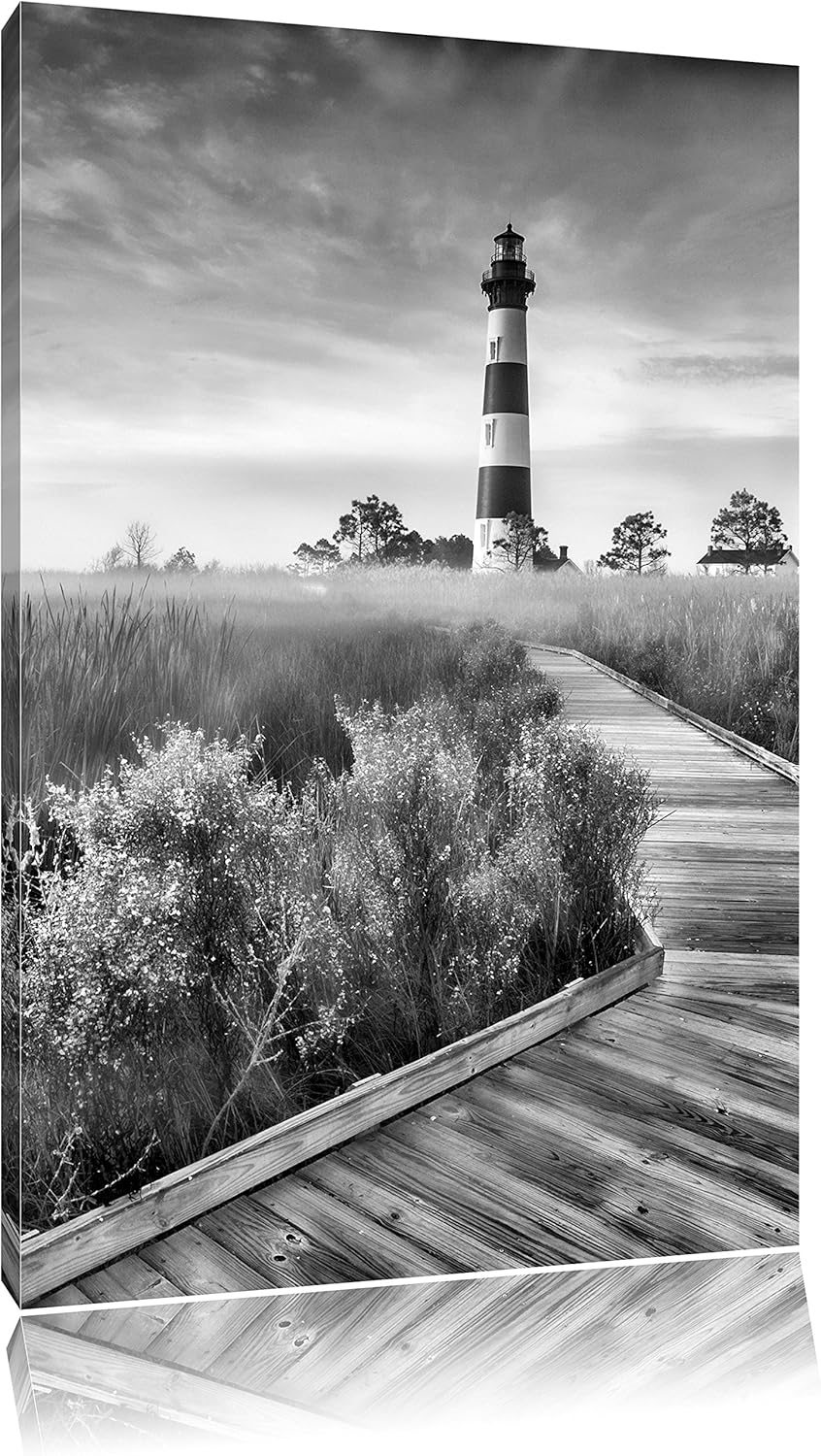 Pixxprint Leuchtturm im Nebel / 100x70cm Leinwandbild bespannt auf Holzrahmen/Wandbild Kunstdruck De