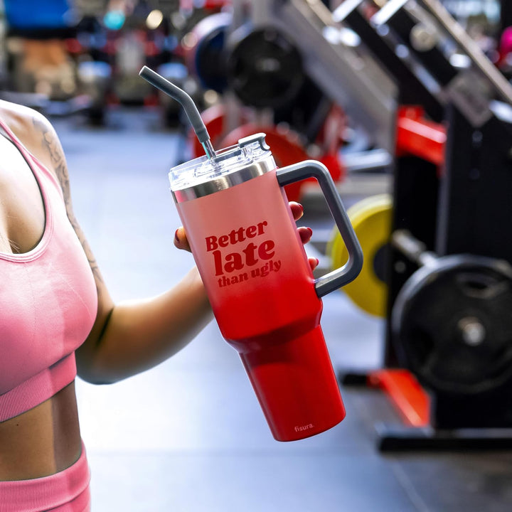 Fisura – Thermoflasche 1,2 Liter "Better late“. Grosse Thermoflasche in rosa. Flasche aus Edelstahl.