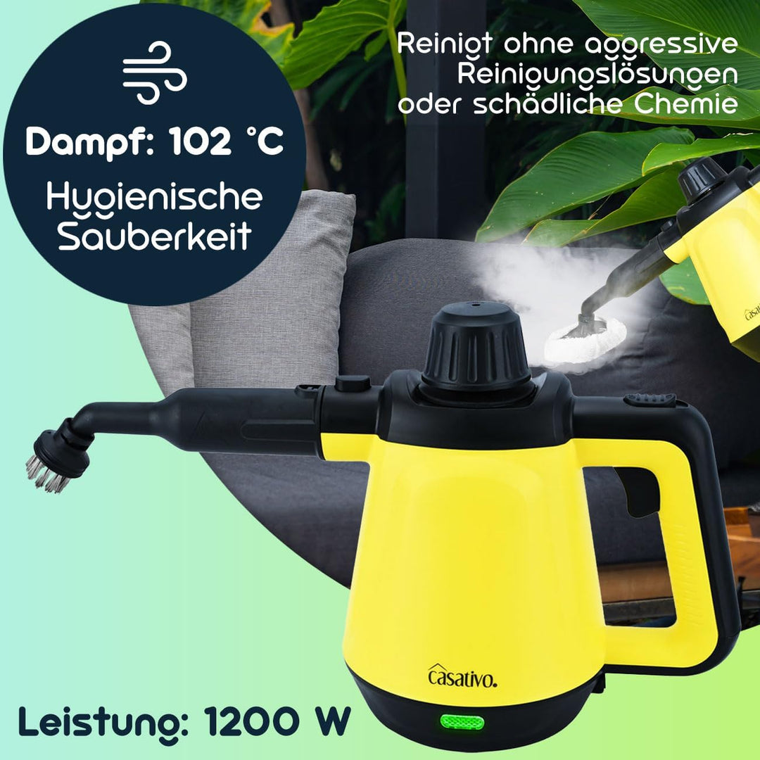Premium Dampfreiniger, mobil, 3,5 bar Druck, 16 Zubehörteile-Aufsätze, kraftvolle 1.200W, gegen Fett
