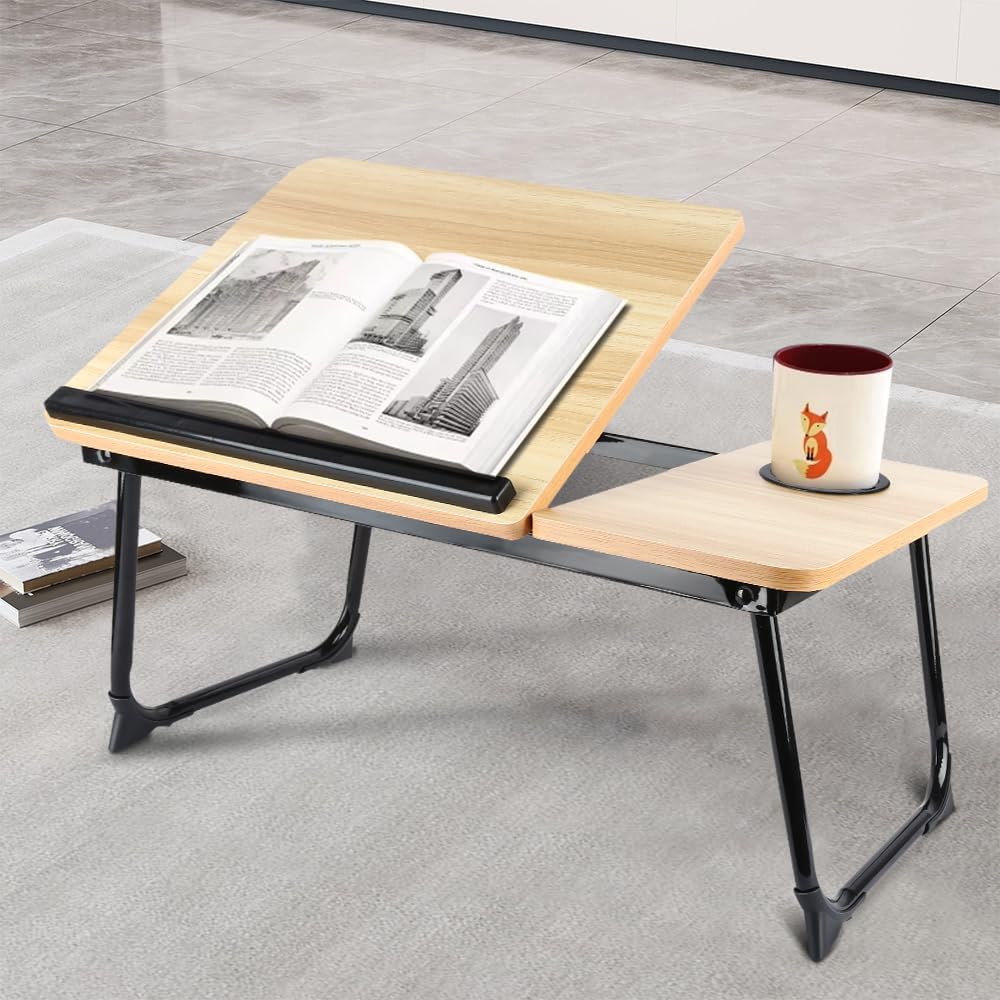 OHMG Klappbares Betttablett 56 x 33 x 24 cm – Betttisch mit Laptophalterung, Buchhalter und Becherha
